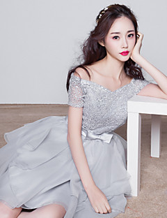 Knee-length Bridesmaid Dress-Silver Ball Gown Bateau