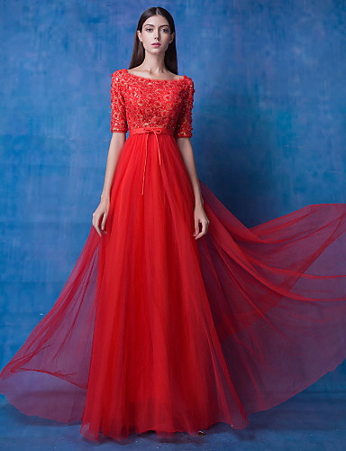 Formal Evening Dress Ruby A Line Jewel Floor Length Lace Tulle 2132